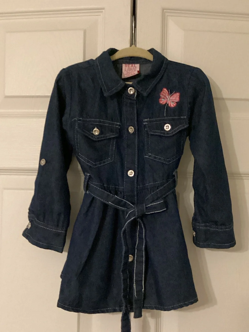 Kids Dark Blue Denim Dress with Pink Butterfly Accent And Belt Size 4